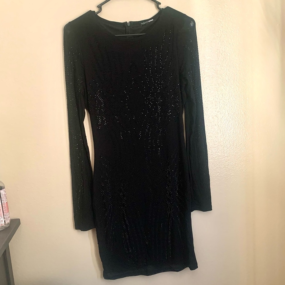 Black long sleeve rhinestone dress
